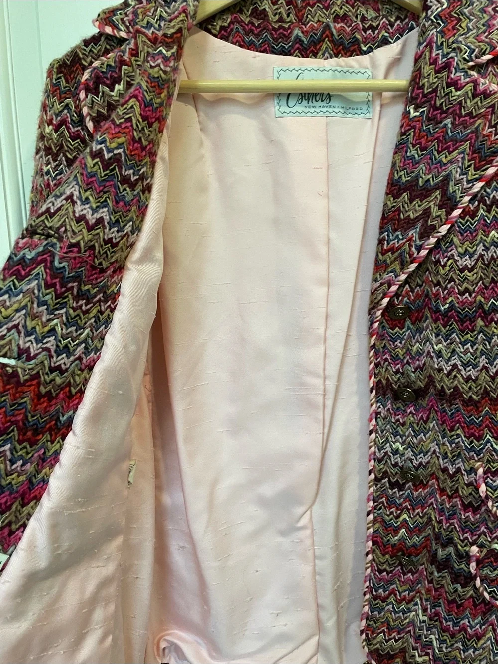 Vintage 1960s Pink Multicolor Flame Chevron Tweed Skirt Suit Set